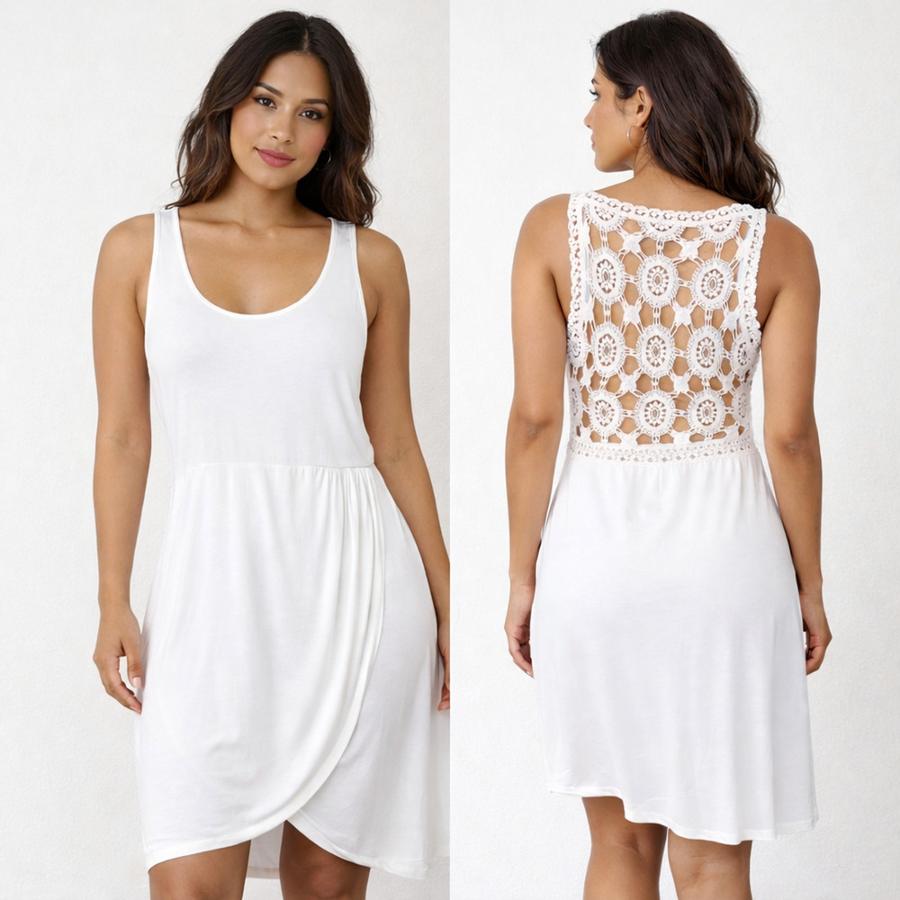 Bebe Dress Womens XS White Crochet Back Faux Wrap Tank Sundress Summer Beach
